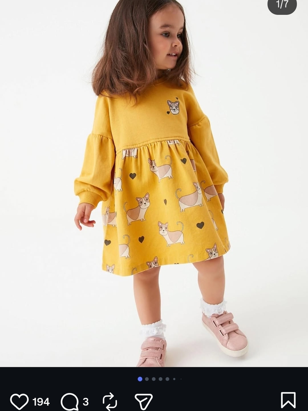 next Mustard Yellow Dog Print Long Sleeve Dress Size 3-4yrs
